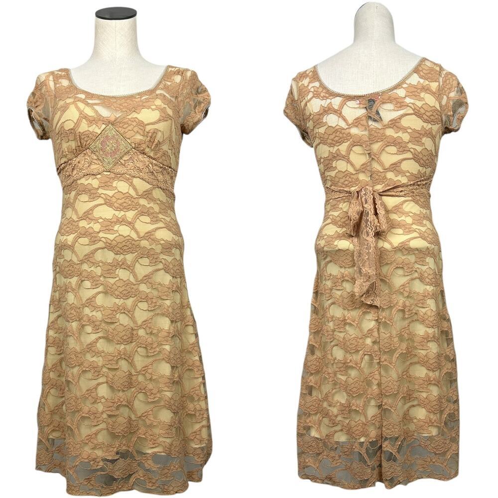 Vintage Y2K Lace Babydoll Cap Sleeve Tan Bustier Midi Dress Boho Romantic M